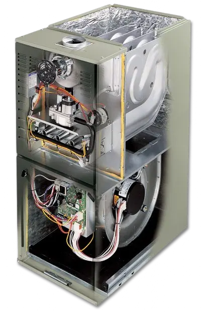 Photograph of Faith heating and air conditioning service logo that displays a indoor gas furnace heating system for HVAC.